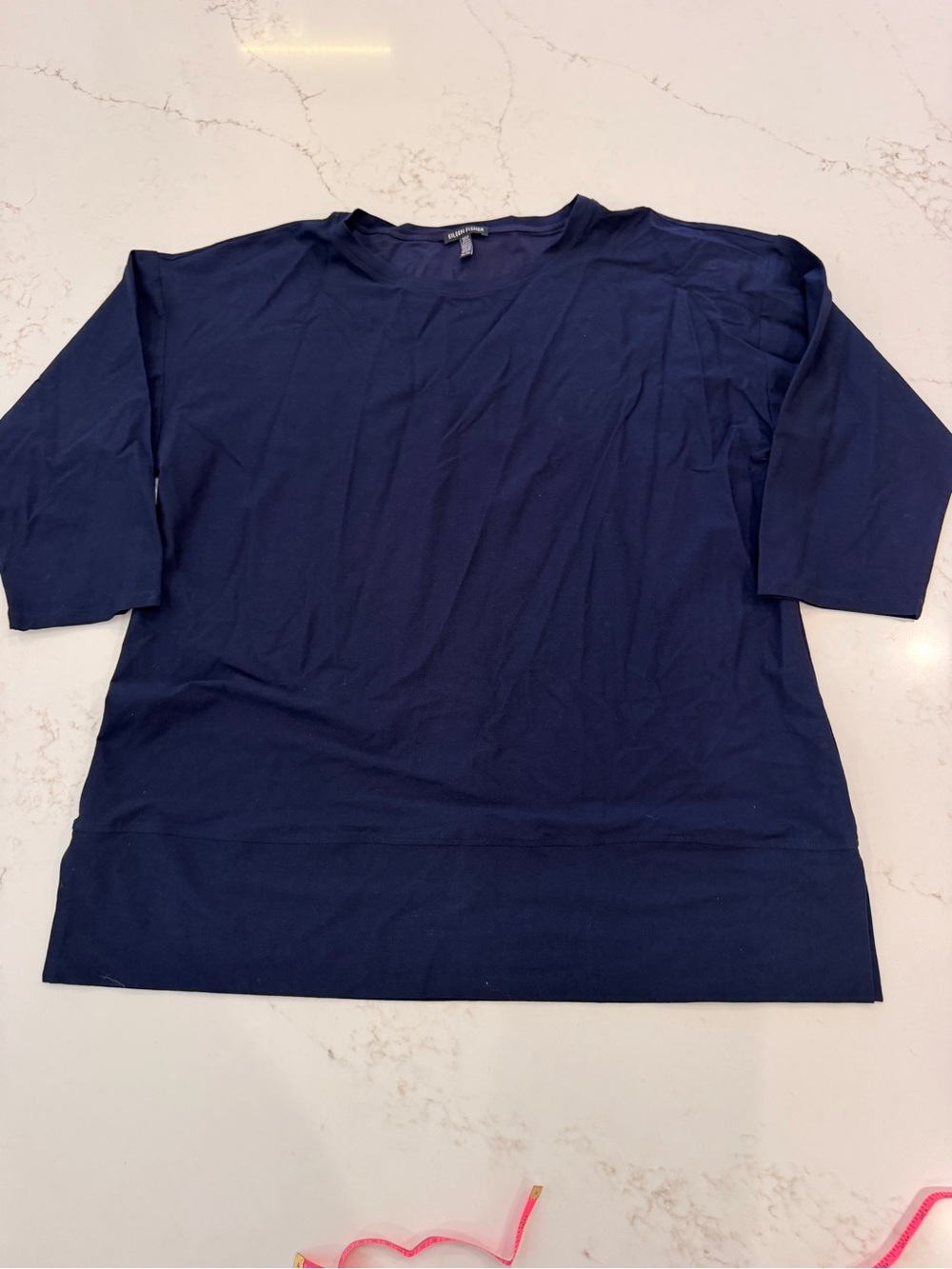 Eileen Fisher Womens XL Navy Tunic Top Stretch Knit Minimalist 3/4 Sleeve